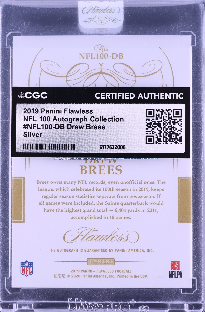 2019 Panini Flawless NFL 100 Collection Silver Drew Brees AUTO /10 #NFL100-DB CGC AUTH
