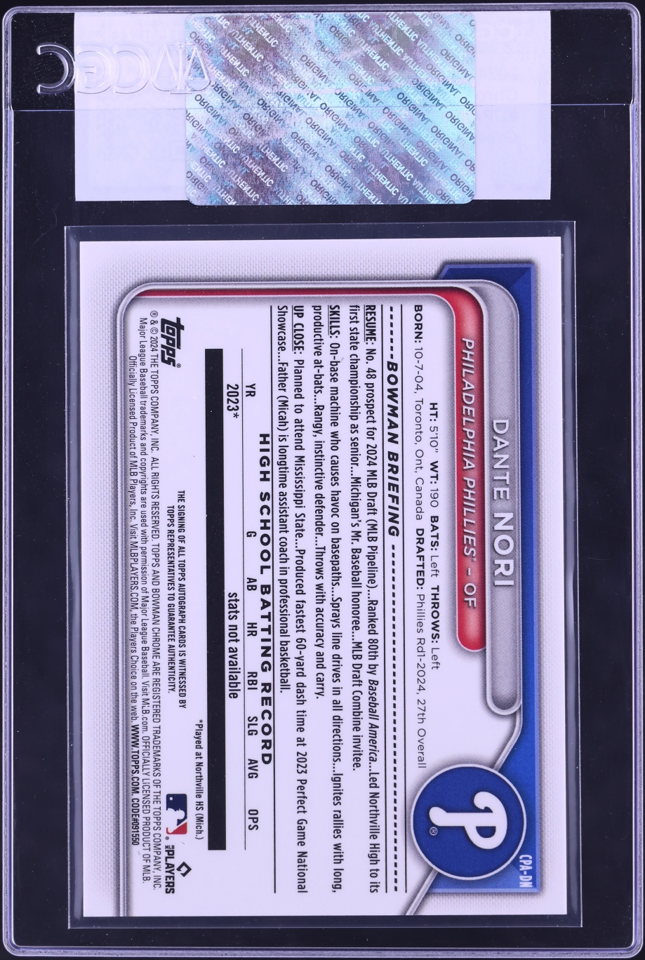 2024 Bowman Chrome Draft Green Refractor Dante Nori PROSPECT AUTO /99 #CPA-DN CGC AUTH