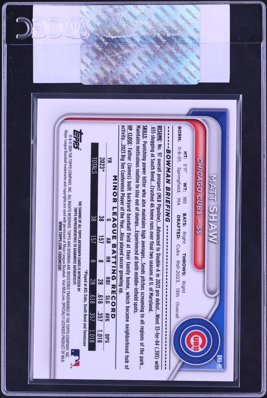 2024 Bowman Chrome Mega Box Purple Matt Shaw PROSPECT AUTO /199 #BMA-MS CGC AUTH
