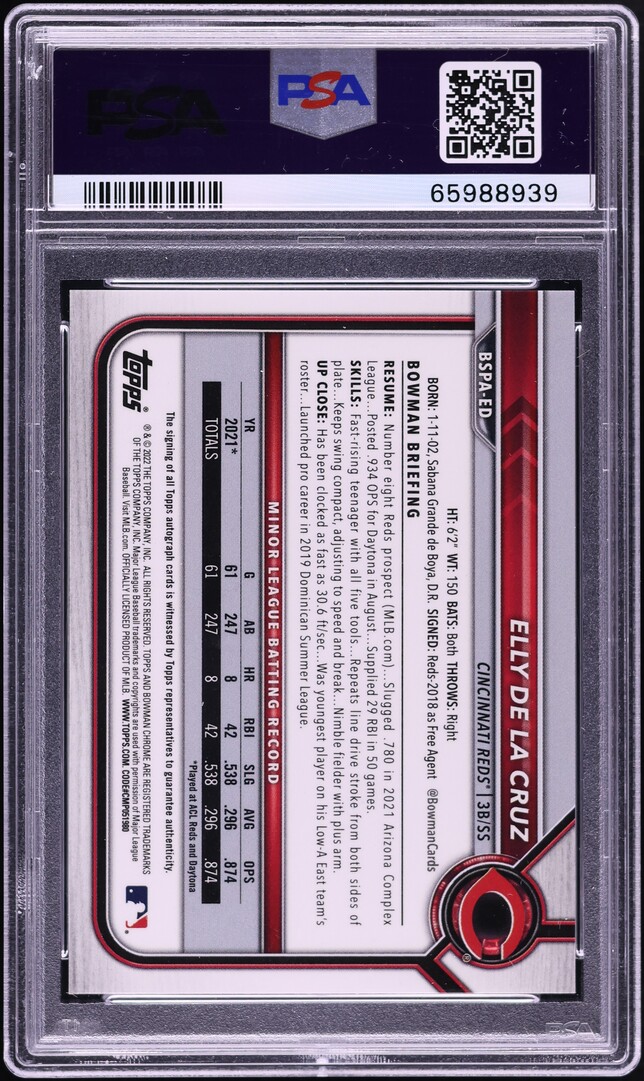 2022 Bowman Chrome Sapphire Orange Elly De La Cruz PROSPECT AUTO /25 #BSPA-ED PSA 10 GEM MINT