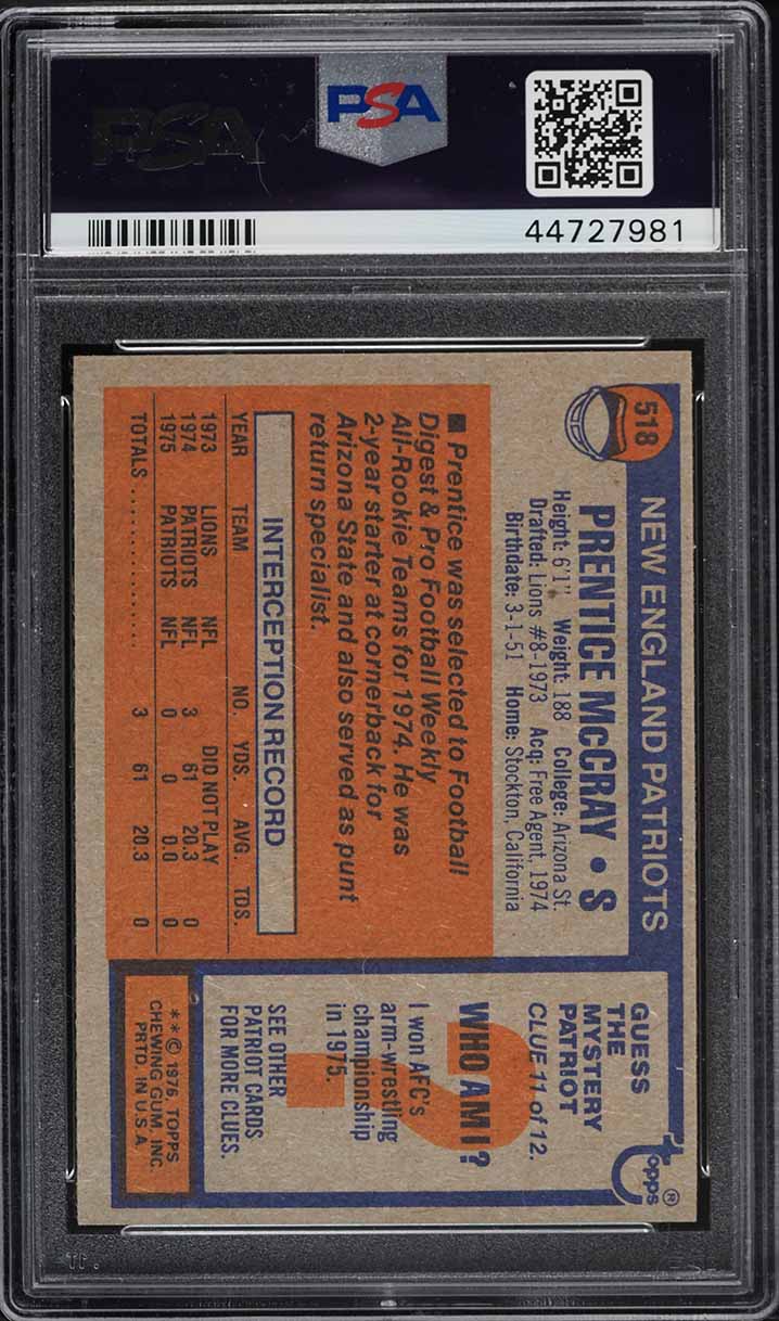 1976 Topps Football Prentice McCray #518 PSA 10 GEM MINT