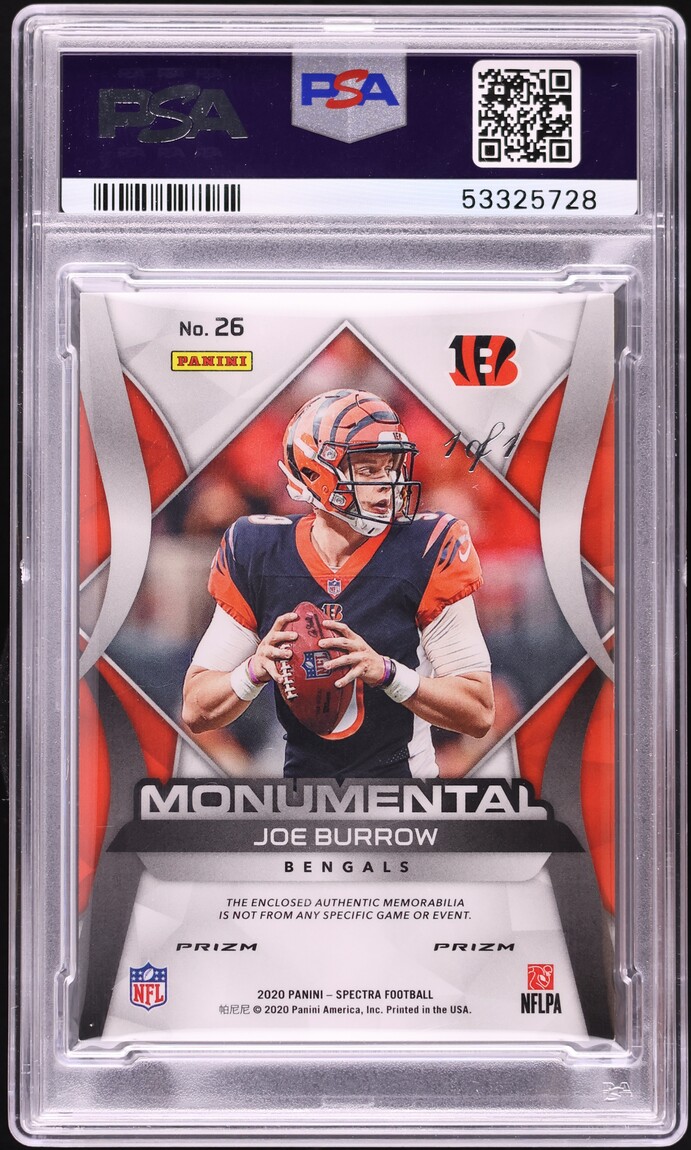 2020 Panini Spectra Monumental Team Logo Gold Prizm Joe Burrow ROOKIE PATCH 1/1 #26 PSA 9 MINT