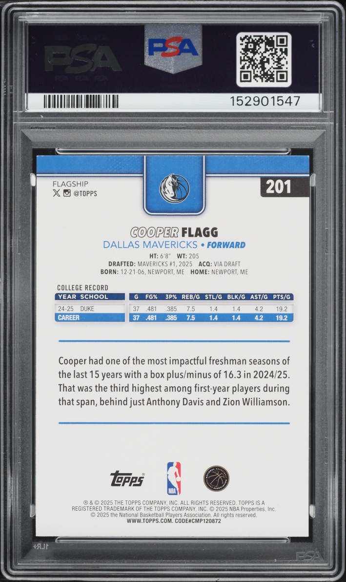 2025 Topps Basketball Cooper Flagg ROOKIE #201 PSA 8 NM-MT
