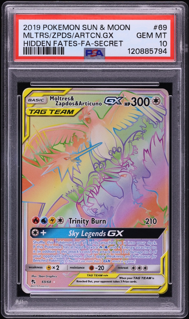 2019 Pokemon SM Hidden Fates Rainbow Rare Moltres & Zapdos & Articuno GX #69 PSA 10 GEM MINT