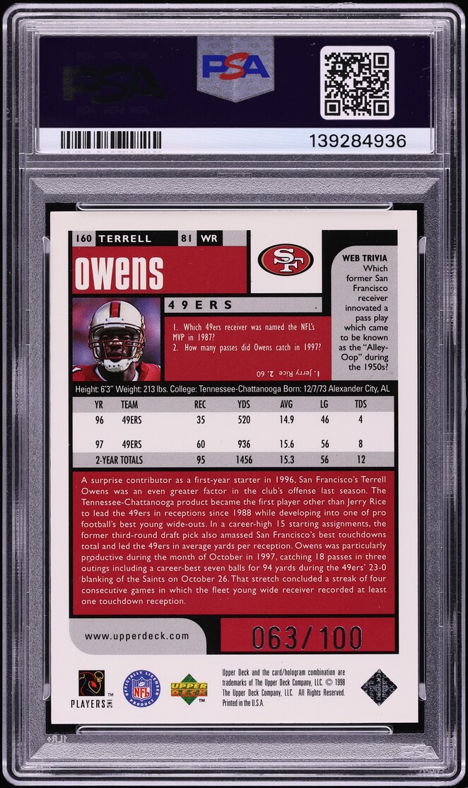 1998 UD Choice Prime Choice Reserve Terrell Owens /100 #160 PSA 10 GEM MINT