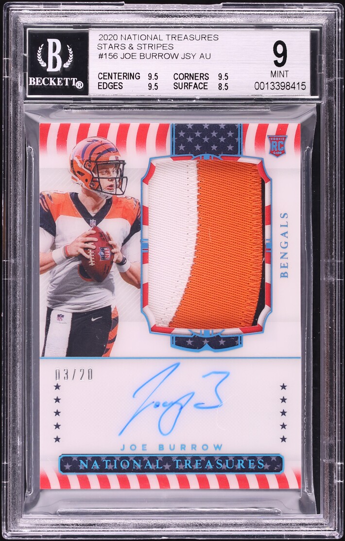 2020 National Treasures Stars & Stripes Joe Burrow ROOKIE PATCH AUTO /20 #156 BGS 9 MINT