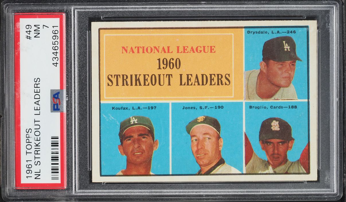 1961 Topps Sandy Koufax & Don Drysdale NL STRIKEOUT LEADERS #49 PSA 7 NRMT