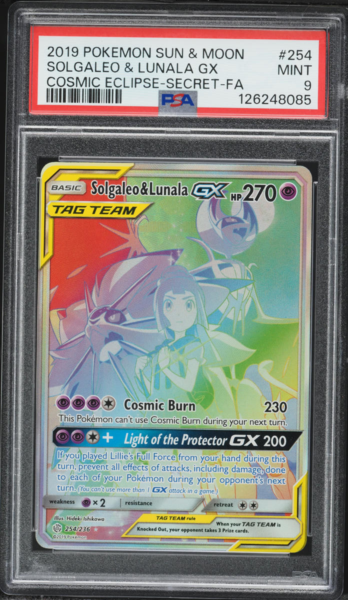 2019 Pokemon Sun & Moon Cosmic Eclipse Rainbow Rare Solgaleo & Lunala GX #254 PSA 9 MINT