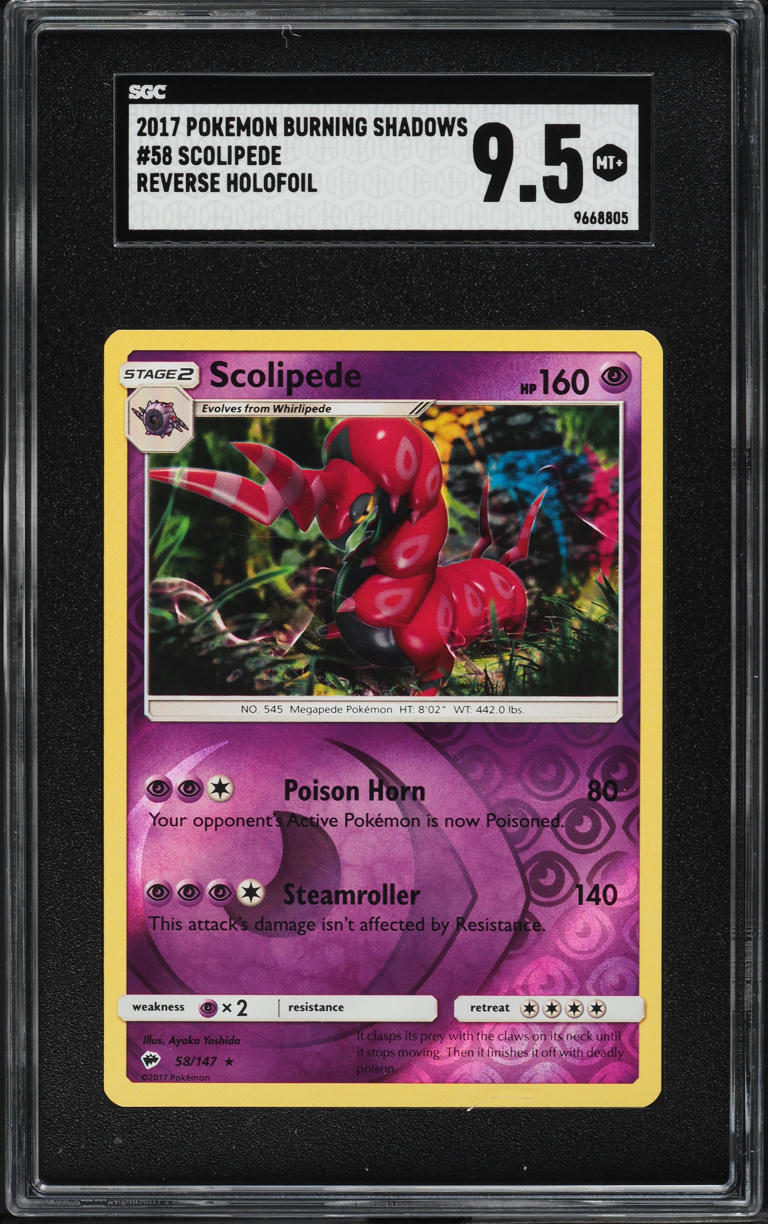 2017 Pokemon Sun & Moon Burning Shadows Reverse Holo Scolipede #58 SGC 9.5 MINT+