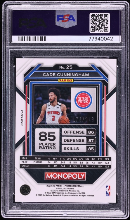 2022 Panini Prizm Monopoly Brown Prizm Cade Cunningham /249 #25 PSA 10 GEM MINT