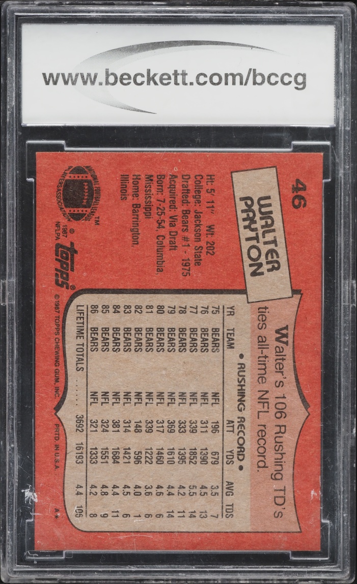 1987 Topps Football Walter Payton #46 BCCG 10