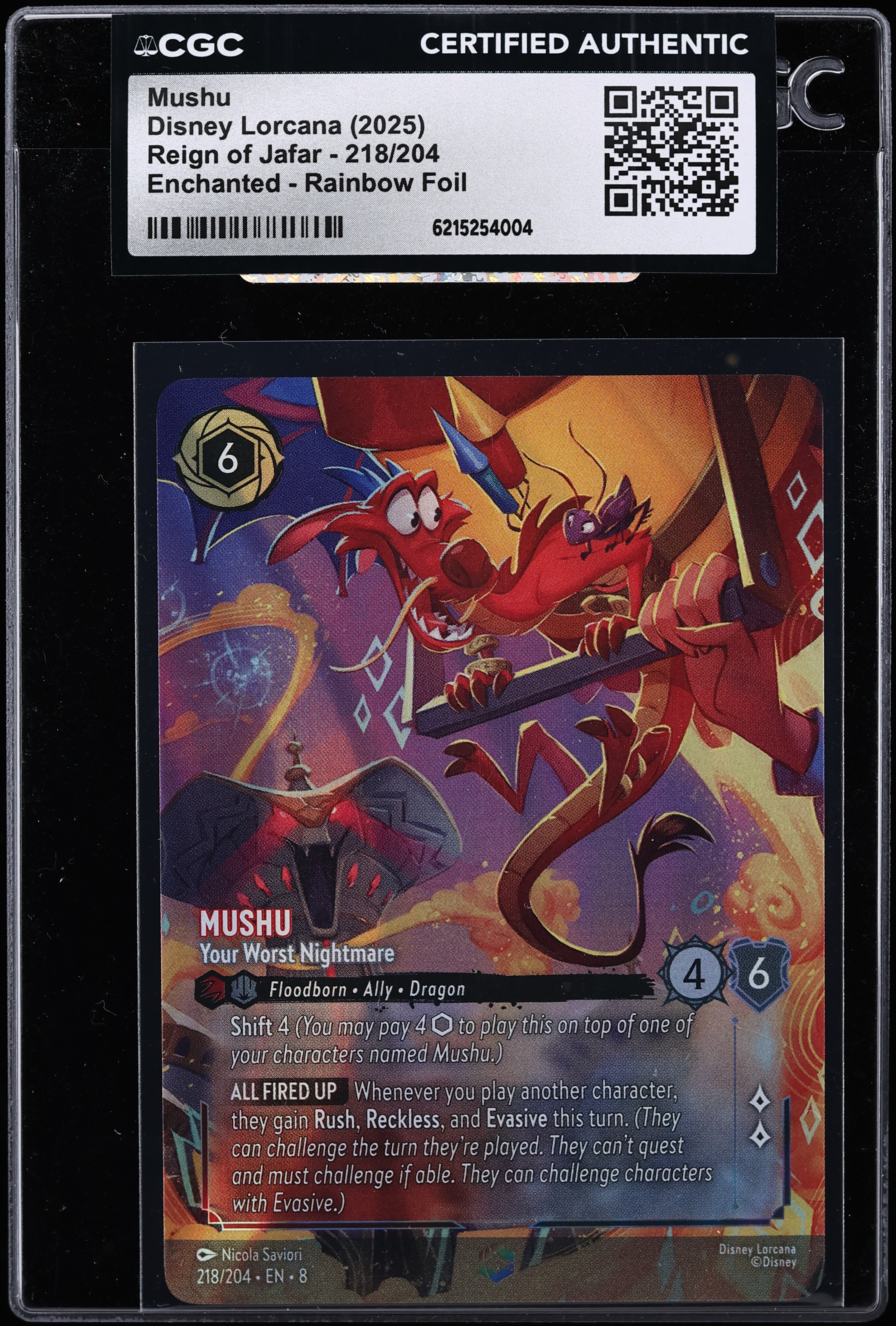 2025 Disney Lorcana Reign Of Jafar Rainbow Foil Mushu Your Worst Nightmare #218 CGC AUTH