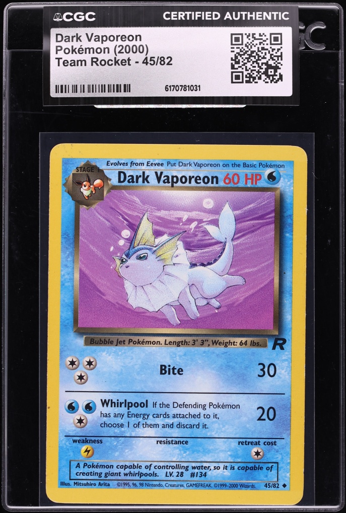 2000 Pokemon Team Rocket Dark Vaporeon #45 CGC AUTH