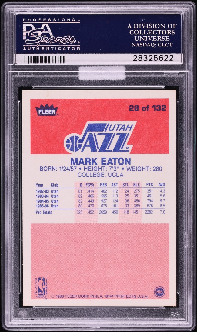 1986 Fleer Basketball Mark Eaton #28 MBA PSA 10 GEM MINT