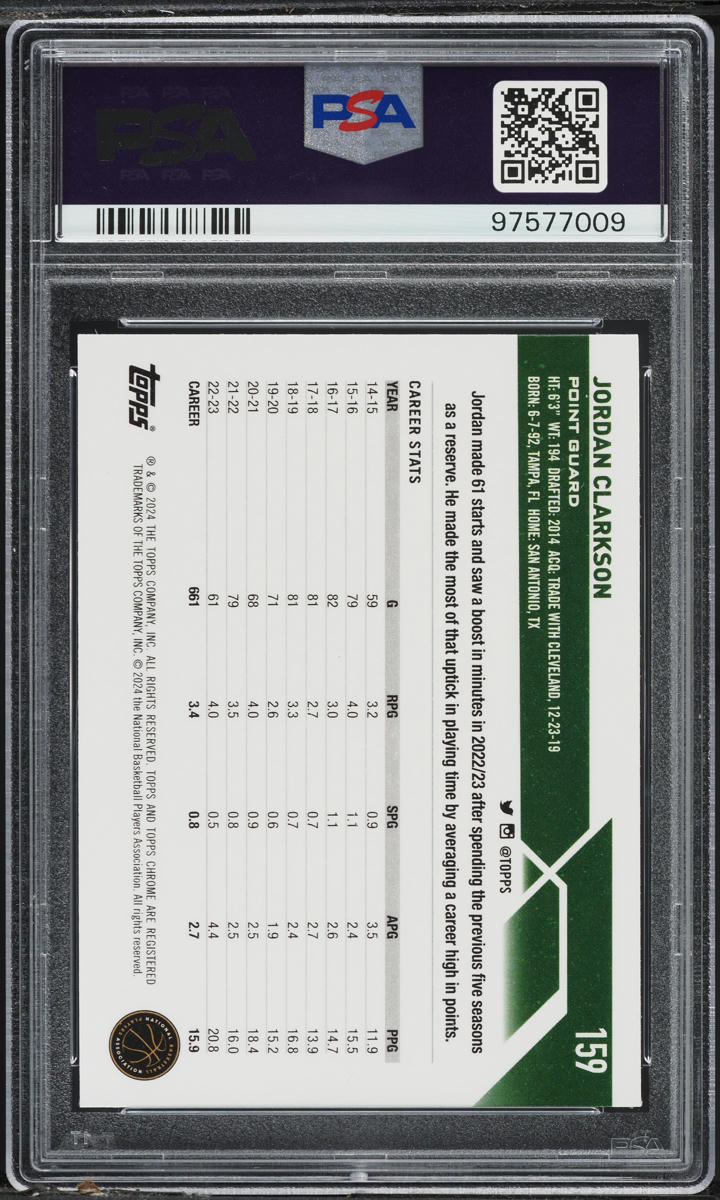 2023 Topps Chrome Purple Refractor Jordan Clarkson /349 #159 PSA 9 MINT