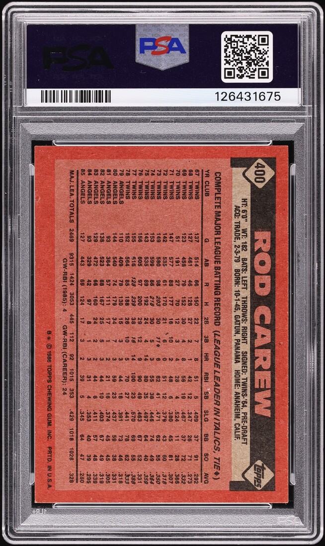 1986 Topps Rod Carew #400 PSA 7 NRMT