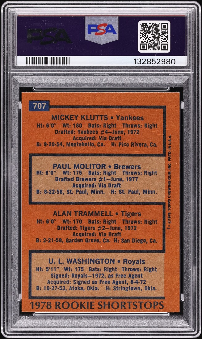 1978 Topps Paul Molitor & Alan Trammell ROOKIE #707 PSA 5 EX