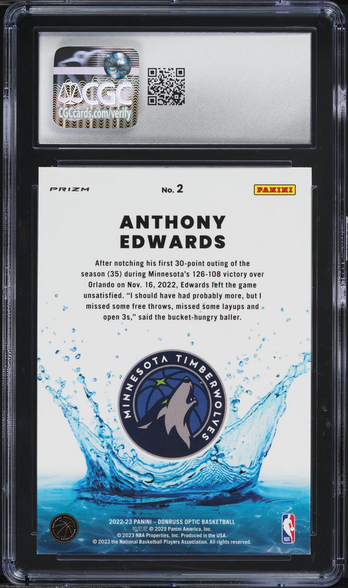 2022 Donruss Optic Splash! Purple Anthony Edwards #2 CGC 10 GEM MINT