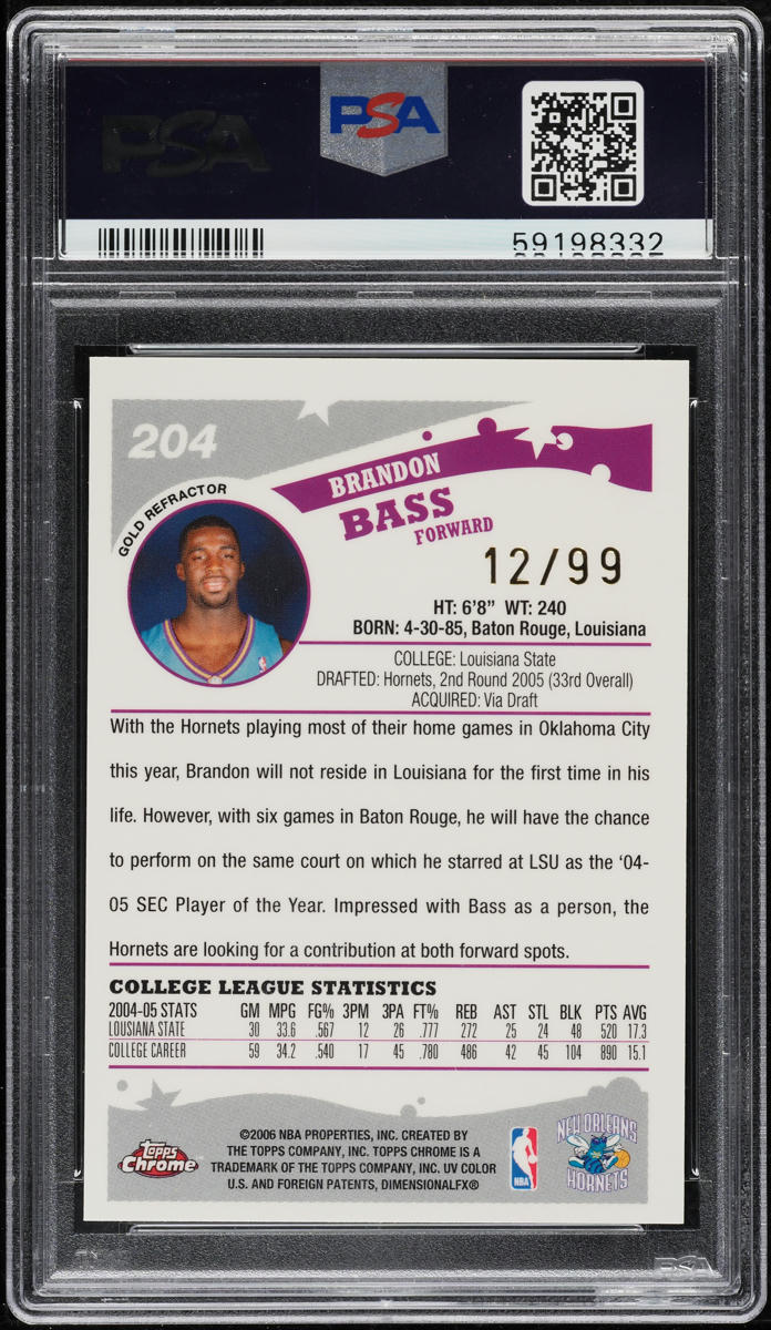 2005 Topps Chrome Gold Refractor Brandon Bass ROOKIE /99 #204 PSA 9 MINT