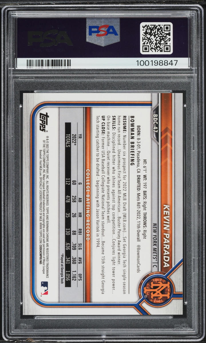 2022 Bowman Chrome Draft Sapphire Orange Kevin Parada PROSPECT /25 #BDC47 PSA 10 GEM MINT