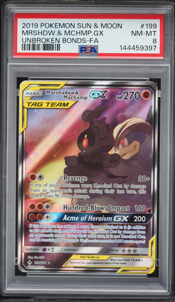 2019 Pokemon Sun & Moon Unbroken Bonds Full Art Marshadow & Machamp GX #199 PSA 8 NM-MT