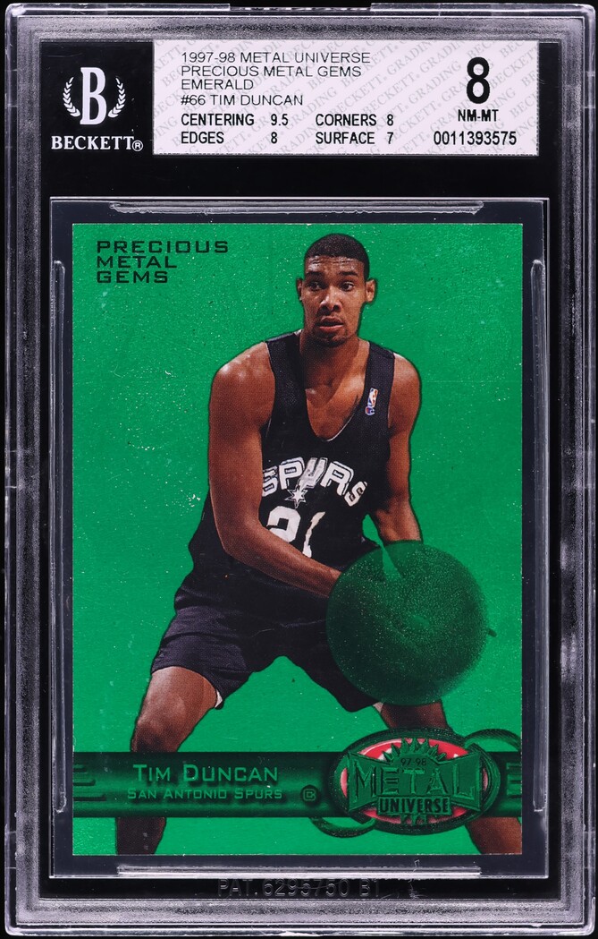 1997 Metal Universe Precious Metal Gems Green Tim Duncan ROOKIE /10 #66 BGS 8