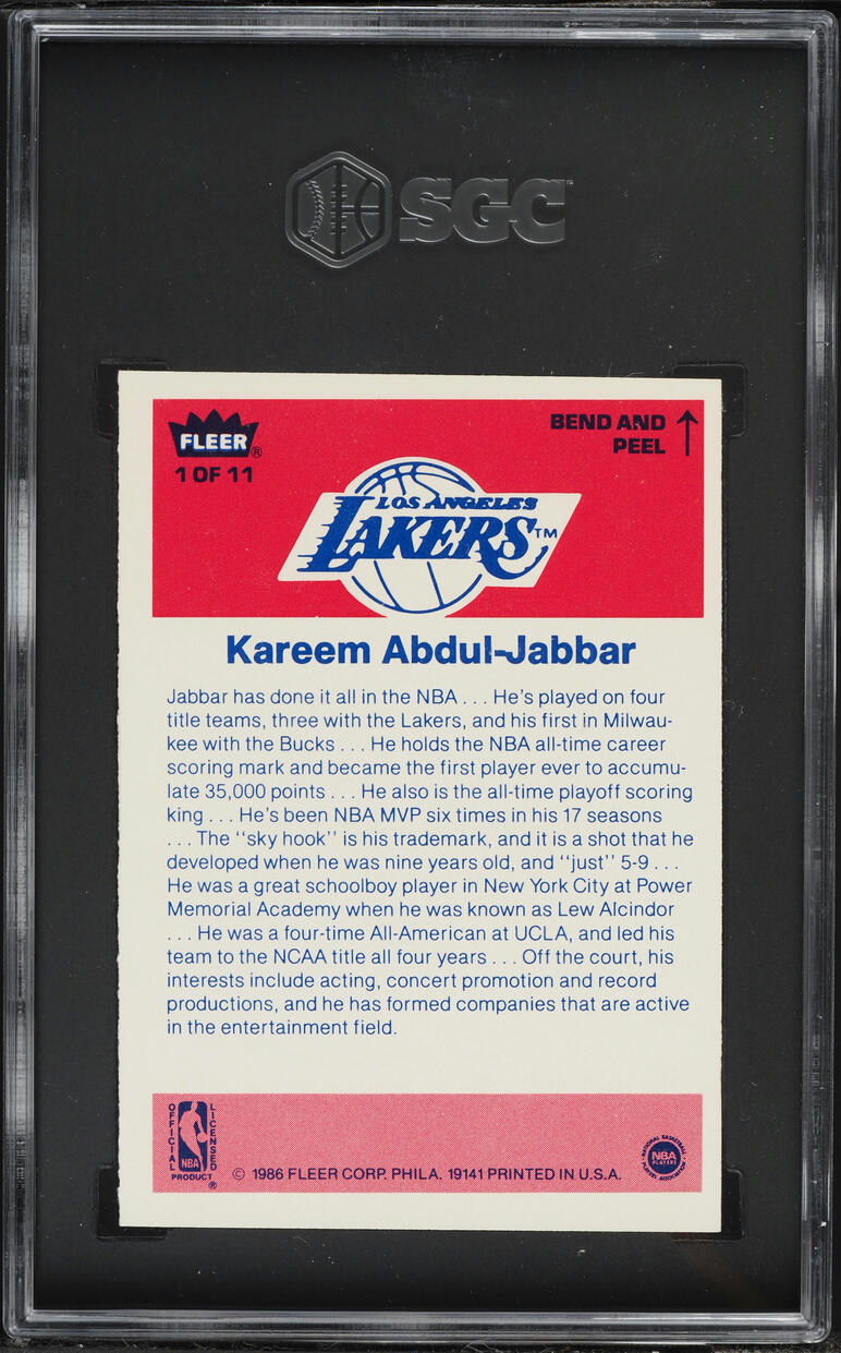 1986 Fleer Sticker Kareem Abdul-Jabbar #1 SGC 7 NRMT