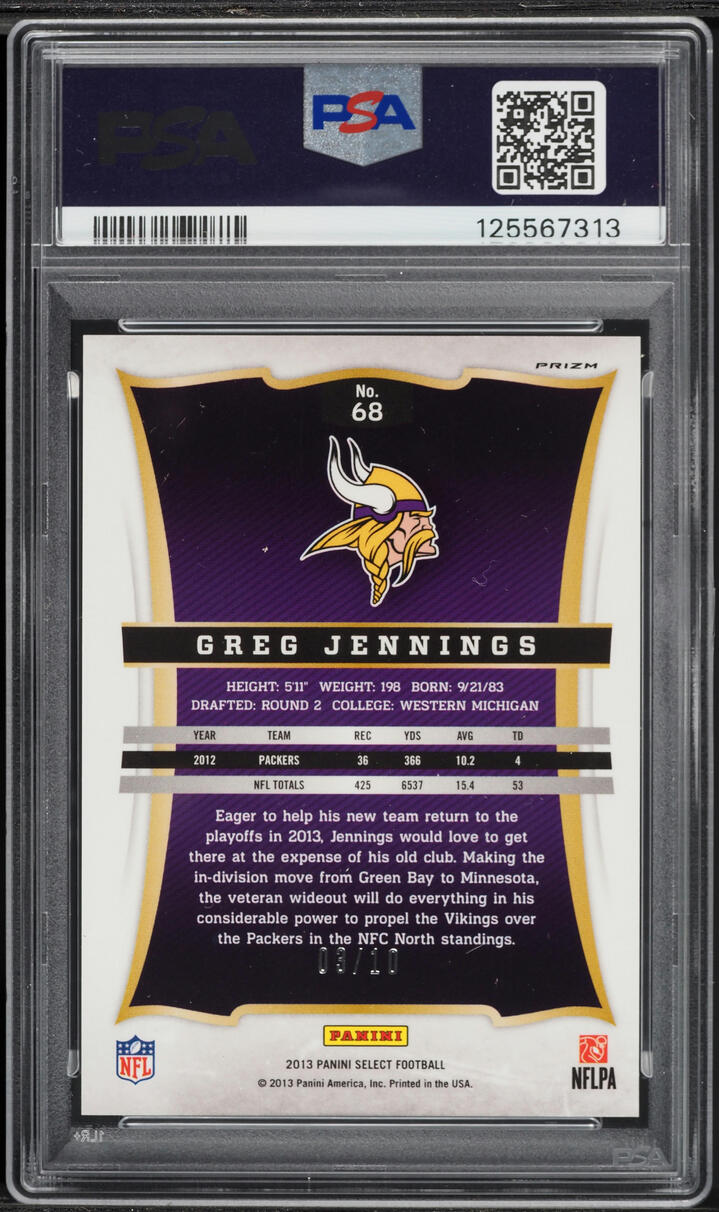 2013 Select Gold Prizm Greg Jennings /10 #68 PSA 10 GEM MINT - Photo 2