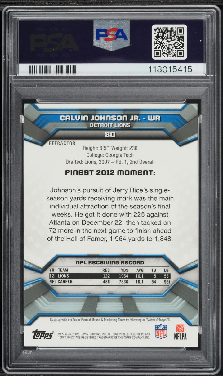 2013 Finest Gold Refractor Calvin Johnson Jr. /75 #80 PSA 10 GEM MINT - Photo 2