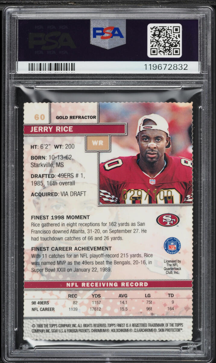 1999 Finest Gold Refractor Jerry Rice /100 #60 PSA 9 MINT - Photo 2