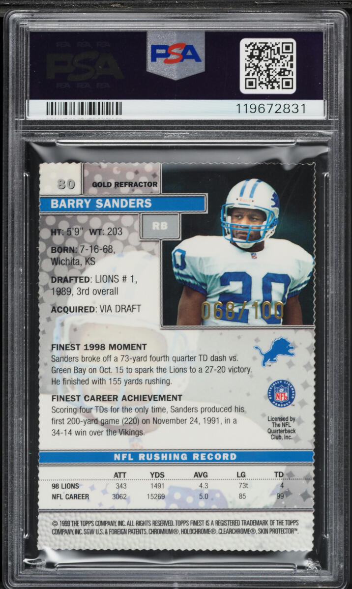 1999 Finest Gold Refractor Barry Sanders /100 #80 PSA 9 MINT - Photo 2