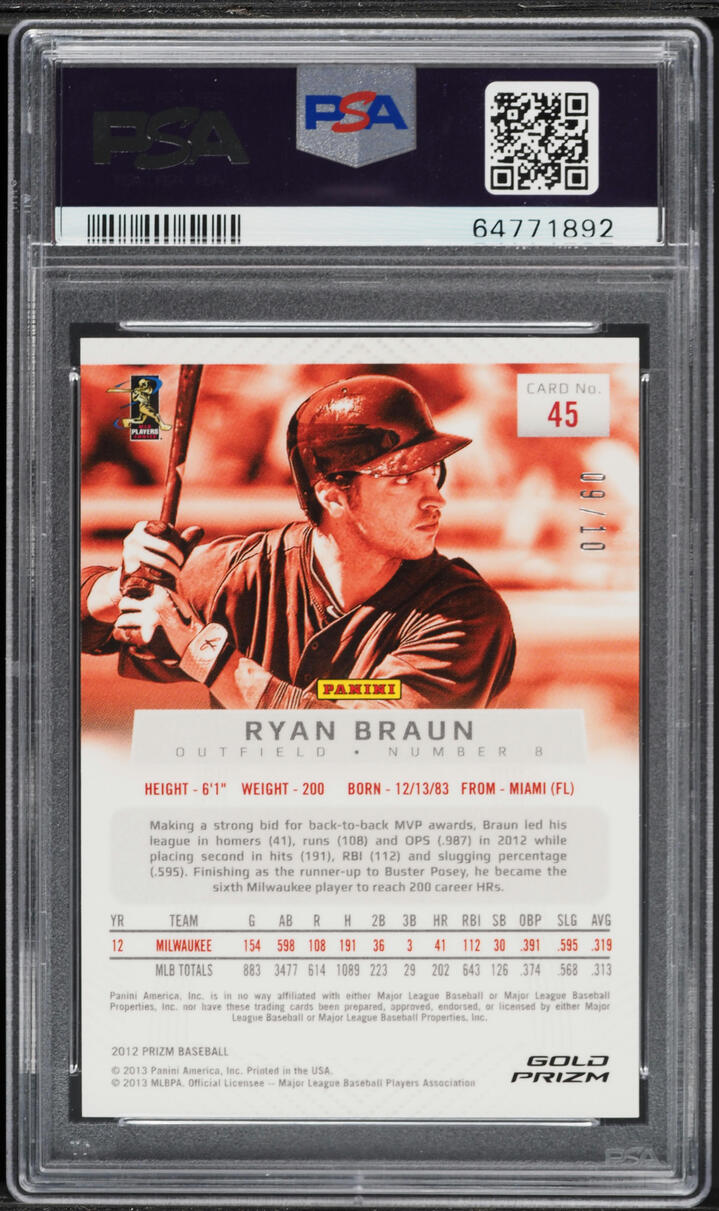 2012 Panini Prizm Gold Ryan Braun /10 #45 PSA 10 GEM MINT - Photo 2