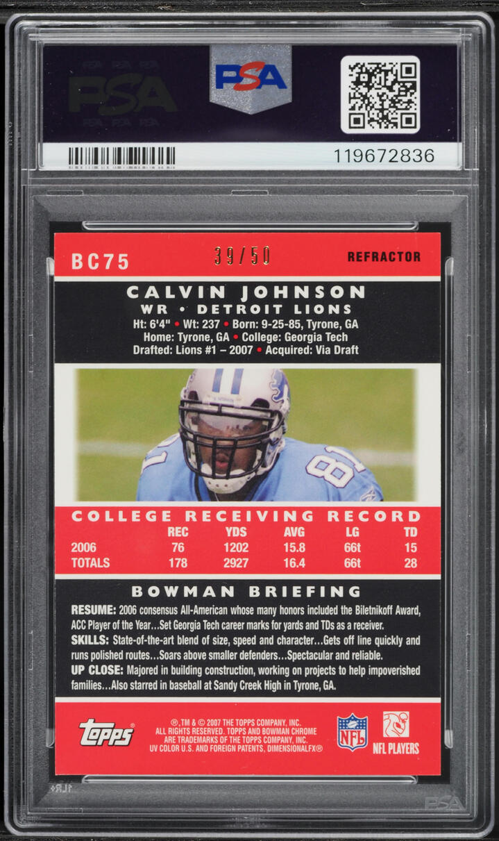2007 Bowman Chrome Gold Refractor Calvin Johnson ROOKIE /50 #BC75 PSA 10 GEM MINT - Photo 2