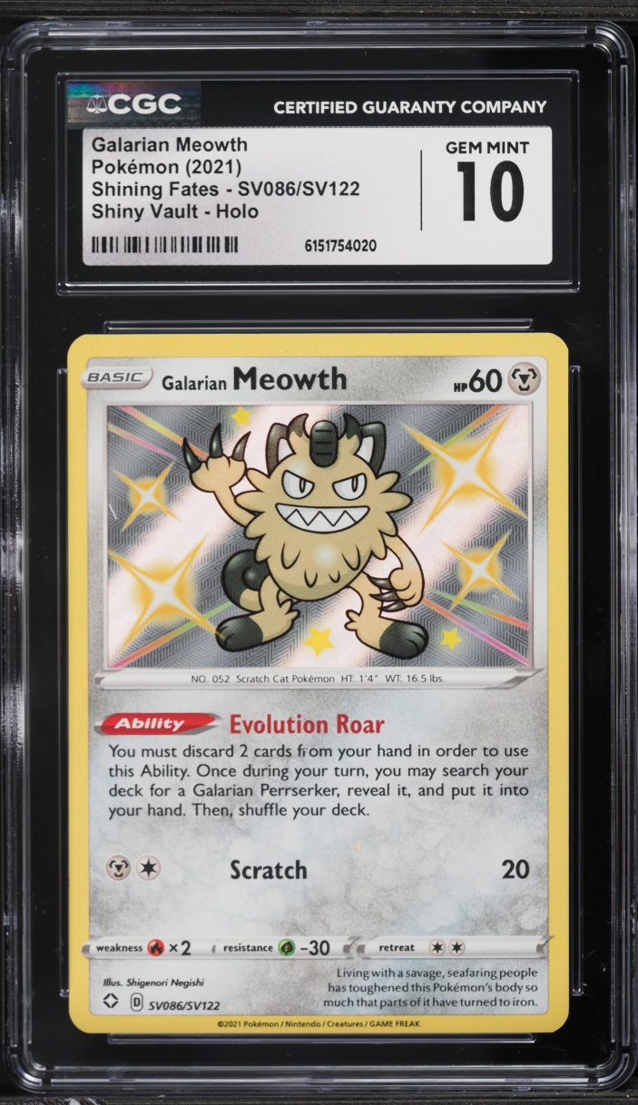 2021 Pokemon Sword & Shield Shining Fates Shiny Galarian Meowth #SV086 CGC 10 GEM MINT