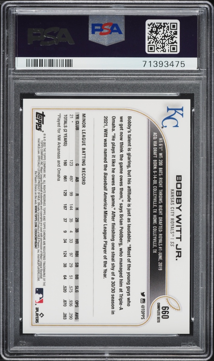 2022 Topps Complete Set 582 Montgomery Club Bobby Witt Jr. ROOKIE #660 PSA 10 GEM MINT
