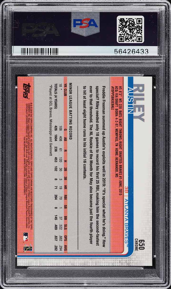 2019 Topps Chrome Sapphire Austin Riley ROOKIE #650 PSA 10 GEM MINT