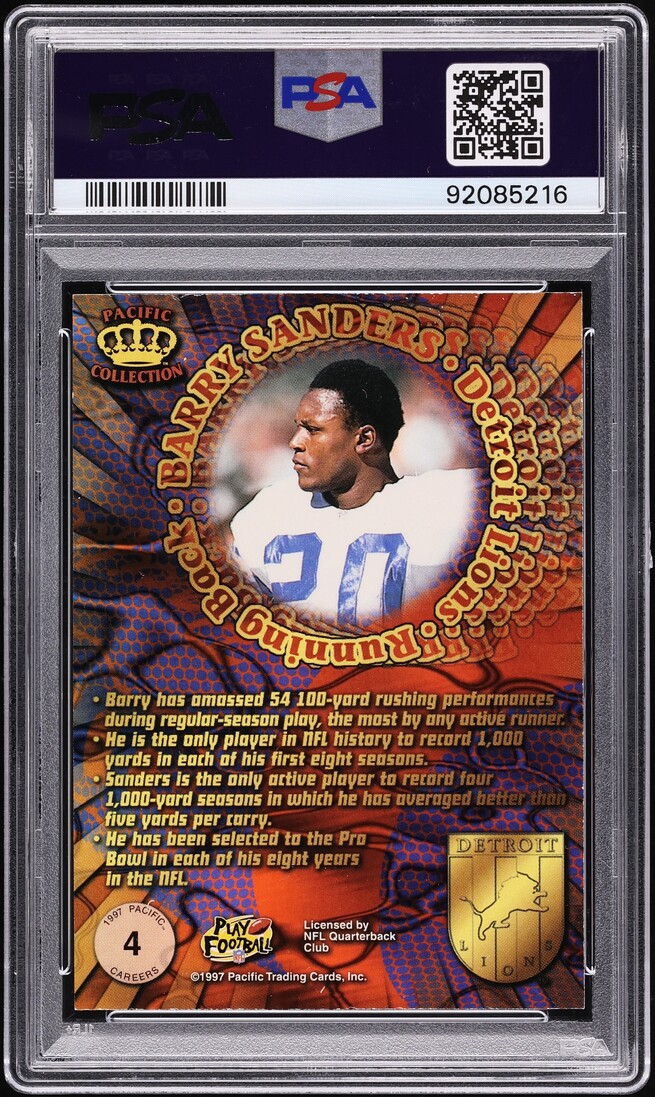 1997 Pacific Dynagon Careers Holofoil Gold Barry Sanders #4 PSA 9 MINT - Photo 2