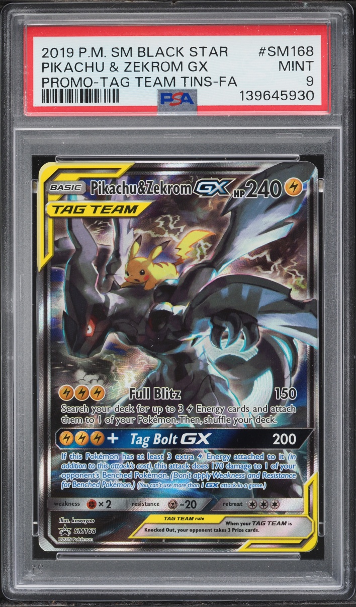2019 Pokemon Sun & Moon Promo Tag Team Tins Full Art Pikachu & Zekrom GX #SM168 PSA 9 MINT