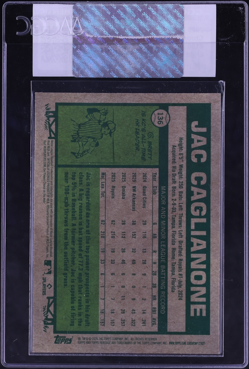 2026 Topps Chrome Heritage Light Blue Sparkle Refractor Jac Caglianone ROOKIE #136 CGC AUTH