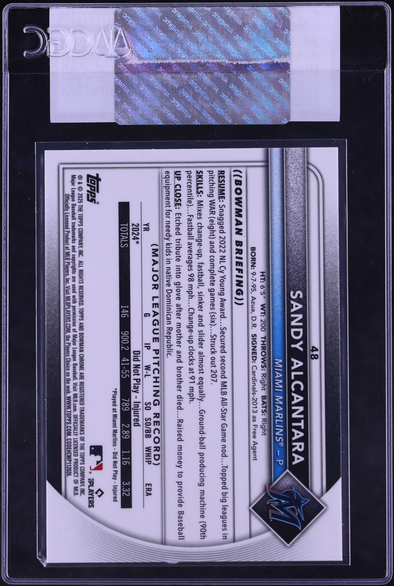 2025 Bowman Chrome Blue Wave Refractor Sandy Alcantara /150 #48 CGC AUTH
