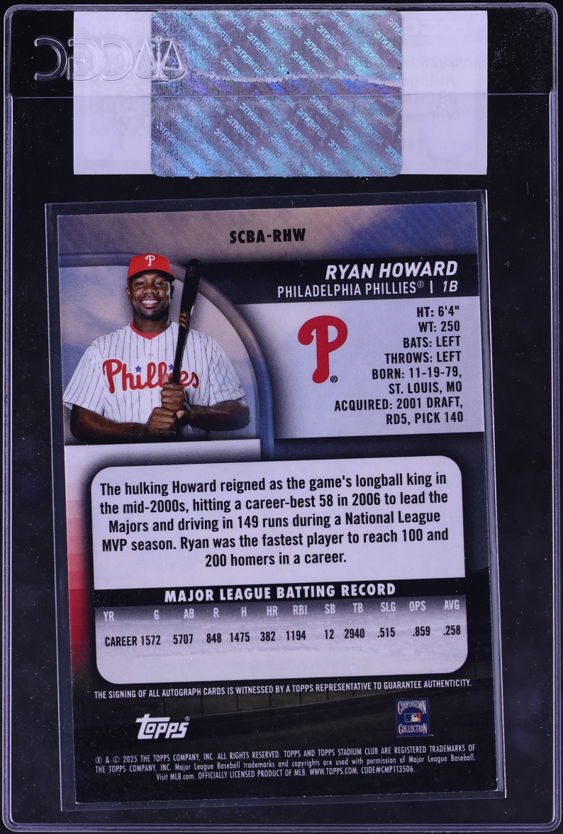 2025 Stadium Club Yellow Foil Ryan Howard AUTO #SCBA-RHW CGC AUTH