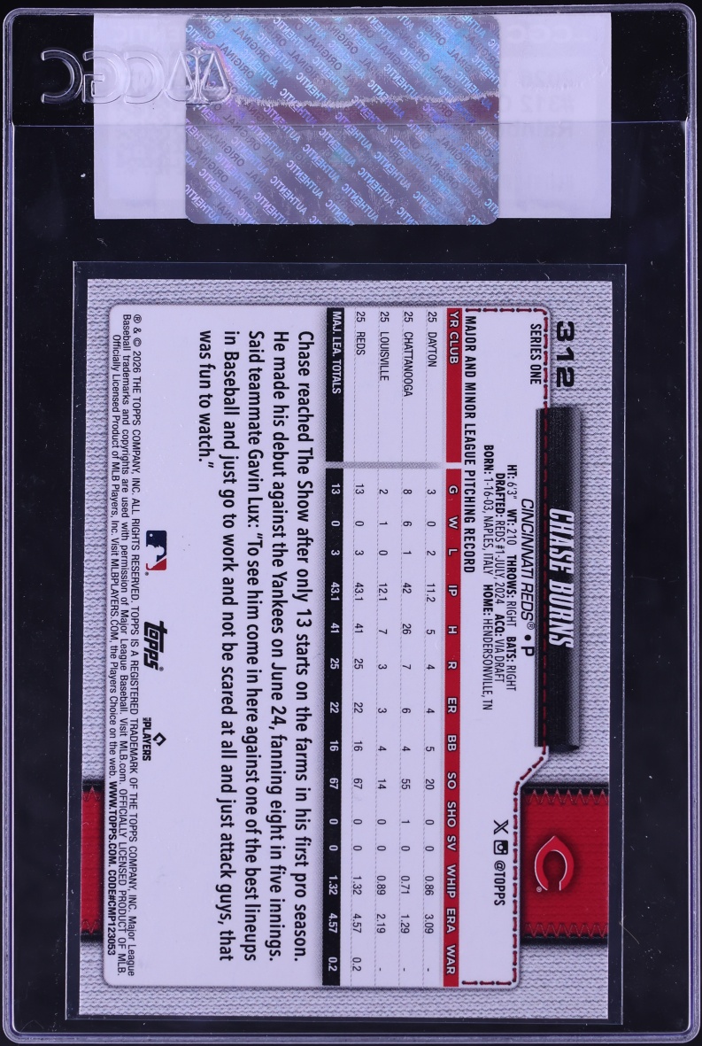 2026 Topps Rainbow Foil Chase Burns ROOKIE #312 CGC AUTH