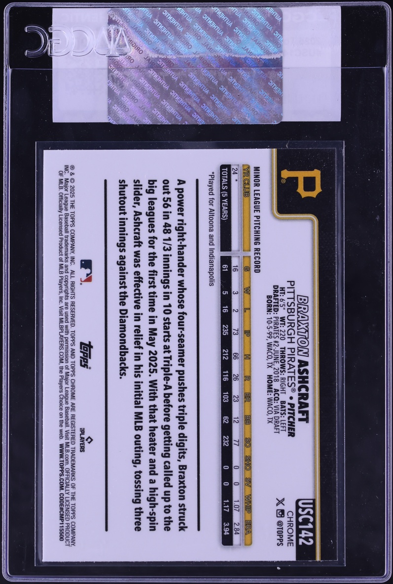 2025 Topps Chrome Update Sapphire Braxton Ashcraft ROOKIE #USC142 CGC AUTH