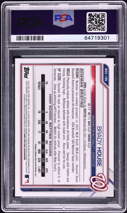 2021 Bowman Chrome Sapphire Edition Brady House ROOKIE #BDC-186 PSA 10 GEM MINT