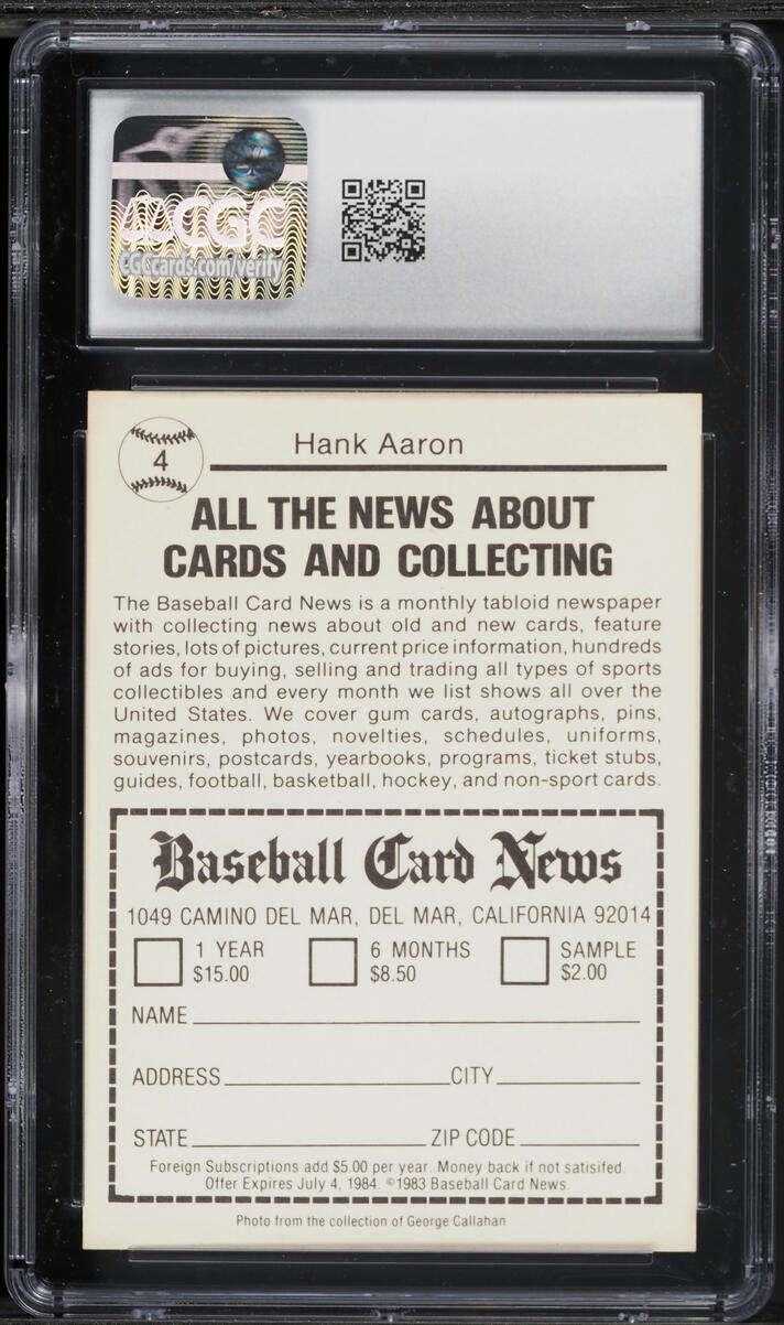1983 Baseball Card News Hank Aaron #4 CGC 8 NM-MT