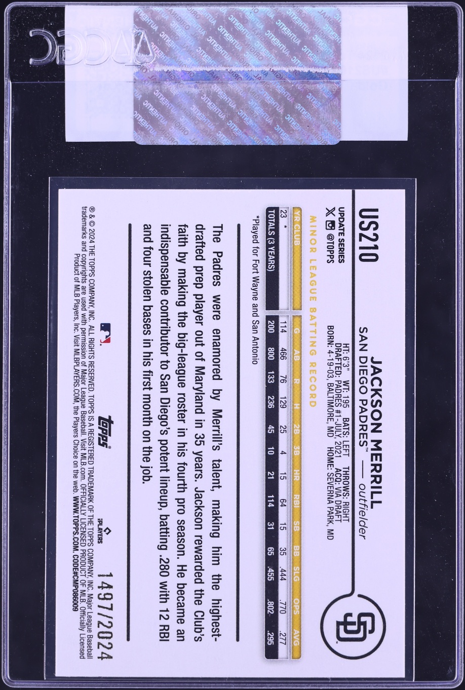 2024 Topps Update Gold Jackson Merrill ROOKIE /2024 #US210 CGC AUTH