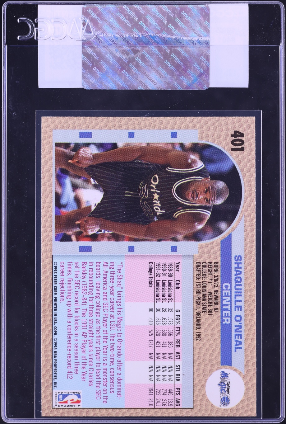 1992 Fleer Basketball Shaquille O'Neal ROOKIE #401 CGC AUTH