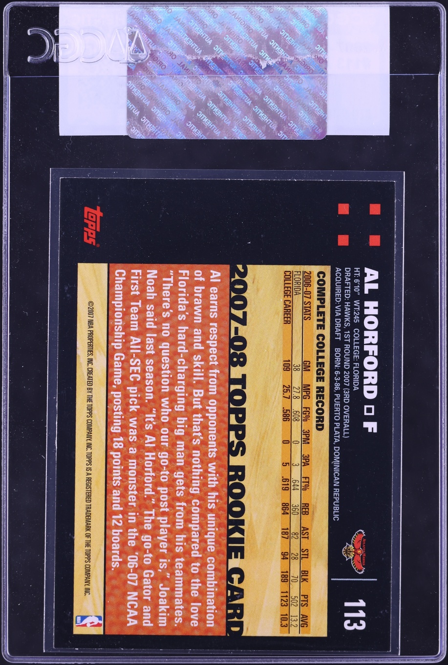 2007 Topps Basketball Al Horford ROOKIE #113 CGC AUTH