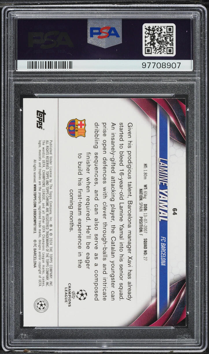 2023 Topps Chrome UCC Aqua Prism Refractor Lamine Yamal ROOKIE #64 PSA 10 GEM