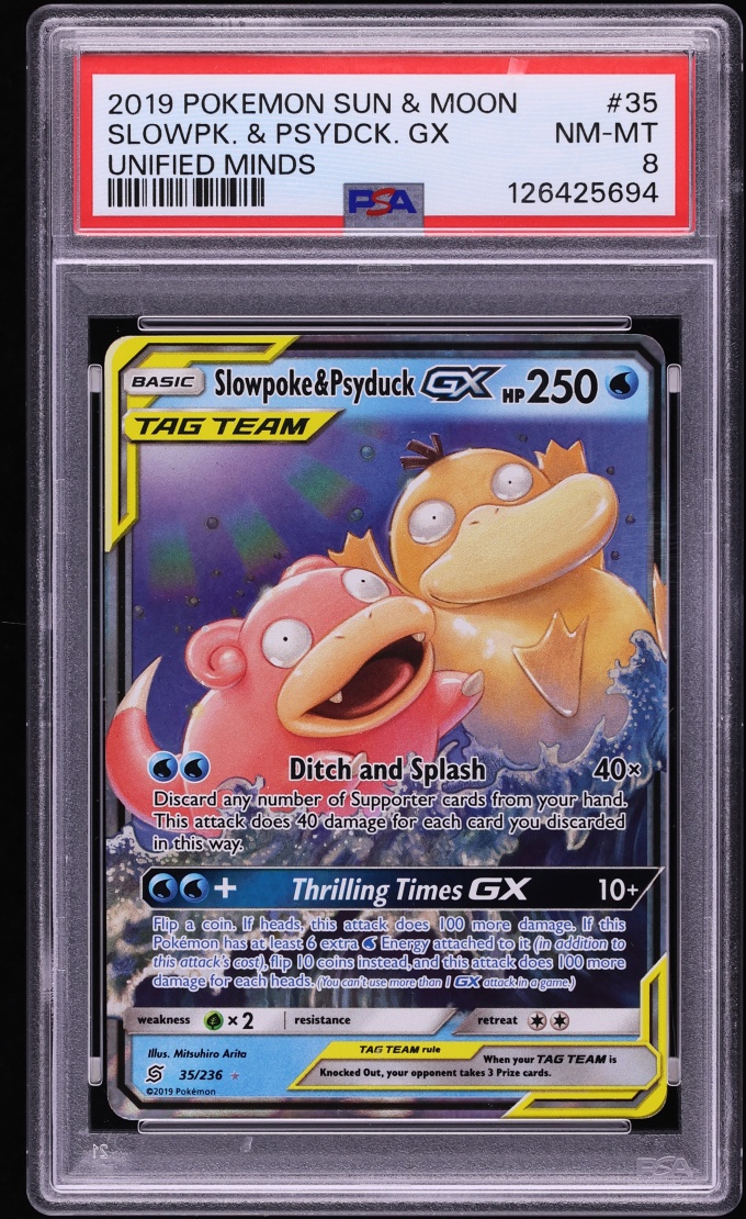 2019 Pokemon Sun & Moon Unified Minds Holo Slowpoke & Psyduck GX #35 PSA 8 NM-MT